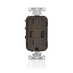 Leviton T5632-B USB Charger/Duplex Tamper-Resistant Receptacle, 3.6/15 Amp, 125 Volt, NEMA 5-15R, Brown