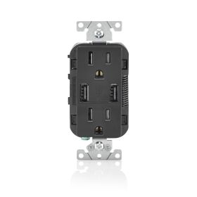 Leviton T5632-E USB Charger/Duplex Tamper-Resistant Receptacle, 3.6/15 Amp, 125 Volt, NEMA 5-15R, Black