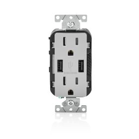 Leviton T5632-GY USB Charger/Duplex Tamper-Resistant Receptacle, 3.6/15 Amp, 125 Volt, NEMA 5-15R, Gray