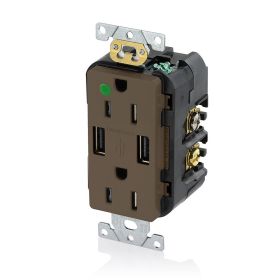 Leviton T5632-HG USB Charger/Duplex Tamper-Resistant Receptacle, Hospital Grade, 3.6/15 Amp, 125 Volt, Brown