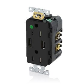 Leviton T5632-HGE USB Charger/Duplex Tamper-Resistant Receptacle, Hospital Grade, 3.6/15 Amp, 125 Volt, Black