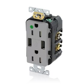 Leviton T5632-HGG USB Charger/Duplex Tamper-Resistant Receptacle, Hospital Grade, 3.6/15 Amp, 125 Volt, Gray