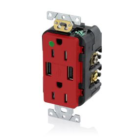 Leviton T5632-HGR USB Charger/Duplex Tamper-Resistant Receptacle, Hospital Grade, 3.6/15 Amp, 125 Volt, Red