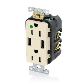 Leviton T5632-HGT USB Charger/Duplex Tamper-Resistant Receptacle, Hospital Grade, 3.6/15 Amp, 125 Volt, Light Almond