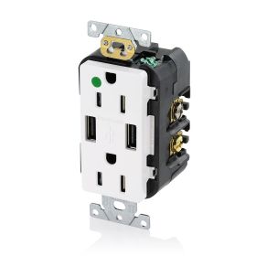 Leviton T5632-HGW USB Charger/Duplex Tamper-Resistant Receptacle, Hospital Grade, 3.6/15 Amp, 125 Volt, White