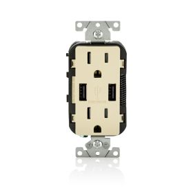 Leviton T5632-I USB Charger/Duplex Tamper-Resistant Receptacle, 3.6/15 Amp, 125 Volt, NEMA 5-15R, Ivory