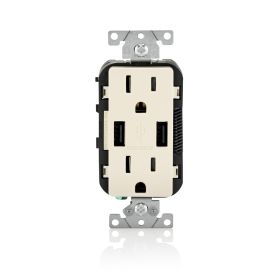 Leviton T5632-T USB Charger/Duplex Tamper-Resistant Receptacle, 3.6/15 Amp, 125 Volt, NEMA 5-15R, Light Almond