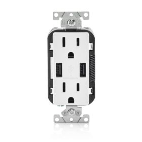 Leviton T5632-W USB Charger/Duplex Tamper-Resistant Receptacle, 3.6/15 Amp, 125 Volt, NEMA 5-15R, White