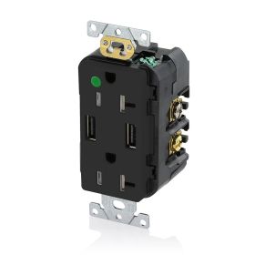 Leviton T5832-HGE USB Charger/Duplex Tamper-Resistant Receptacle, Hospital Grade, 3.6/20 Amp, 125 Volt, Black