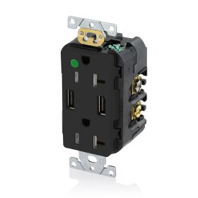 Leviton T5832-HGE USB Charger/Duplex Tamper-Resistant Receptacle, Hospital Grade, 3.6/20 Amp, 125 Volt, Black