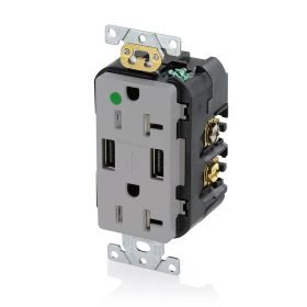 Leviton T5832-HGG USB Charger/Duplex Tamper-Resistant Receptacle, Hospital Grade, 3.6/20 Amp, 125 Volt, Gray