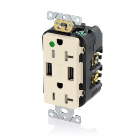 Leviton T5832-HGT USB Charger/Duplex Tamper-Resistant Receptacle, Hospital Grade, 3.6/20 Amp, 125 Volt, Light Almond