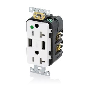 Leviton T5832-HGW USB Charger/Duplex Tamper-Resistant Receptacle, Hospital Grade, 3.6/20 Amp, 125 Volt, White